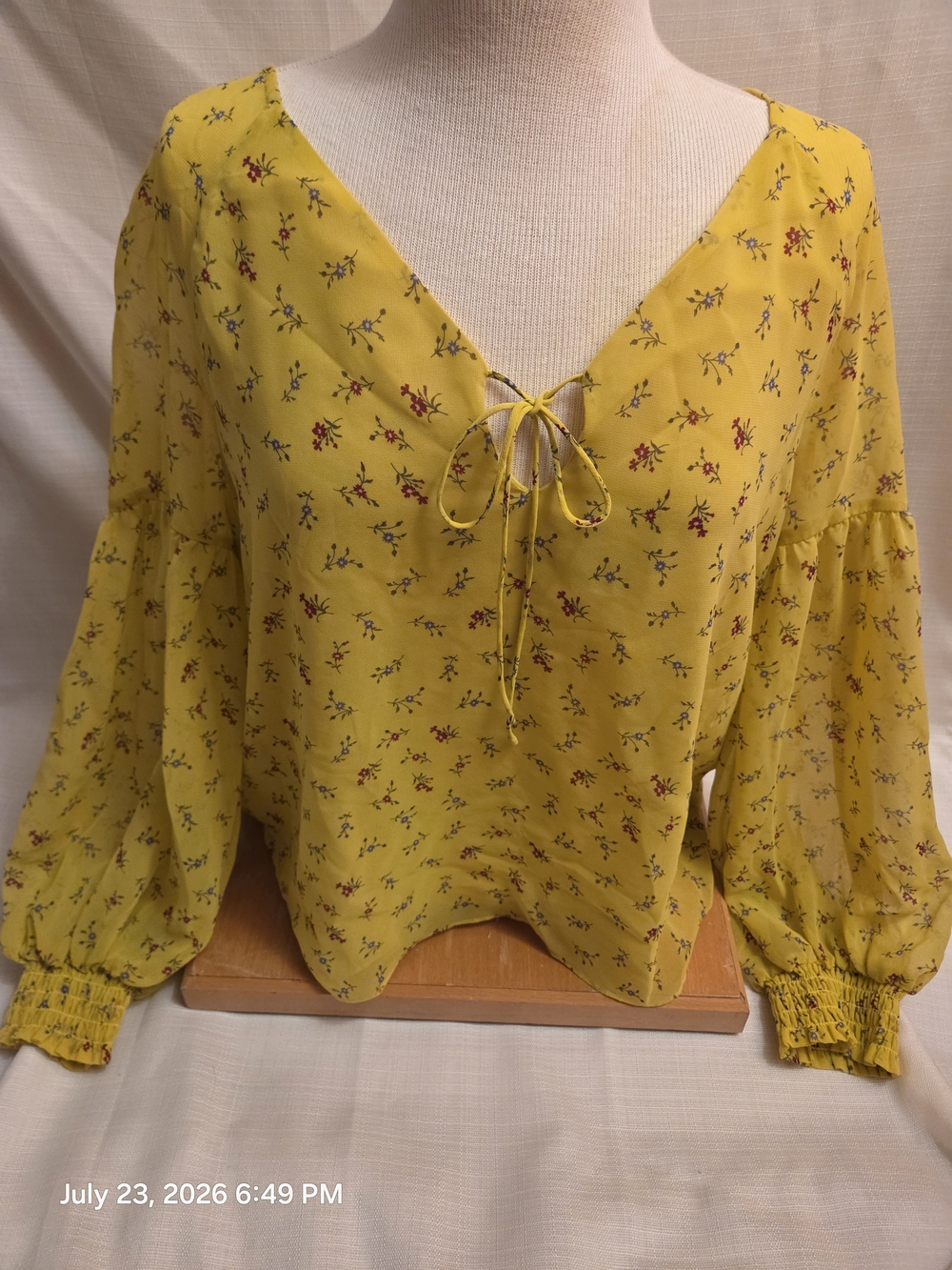 Yellow Floral Tie-Front Peasant Blouse